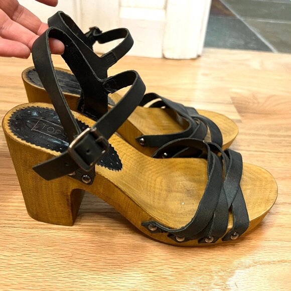 GUC TOPSHOP Black Leather Wood Heels 37 / 6.5 - Picture 2 of 12
